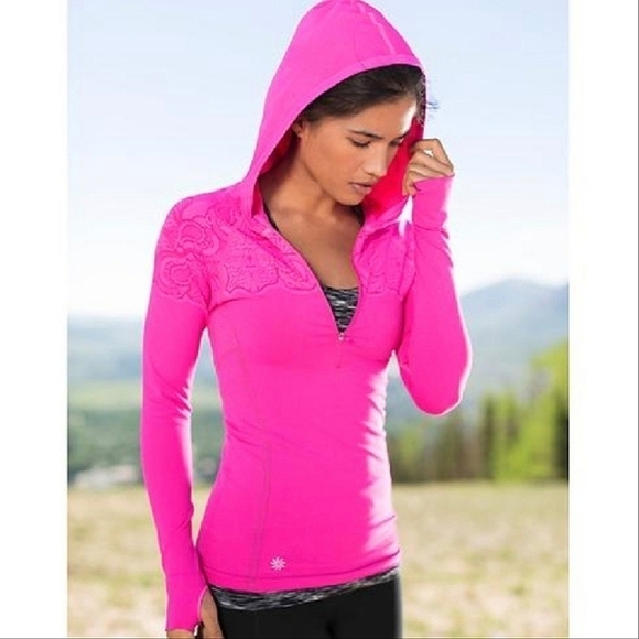 Athleta Paisley Jacquard Knit Form Fitting Quarter Zip Hooded Top Hot Pink M - Picture 11 of 11